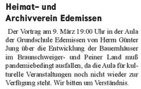 Edemissen Mittelungsblatt 26.02.2022 Heimatverein - Absage Vortrag am 09.03.2022