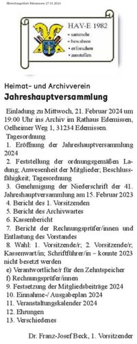 Mitteilungsblatt Edemissen 27.01.2024 Heimatverein Edemissen Einladung JHV 2024-1