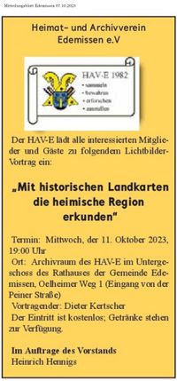Mitteilungsblatt Edemissen 07.10.2023 Heimatverein - Einladung zum Vortrag 