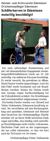 Mitteilungsblatt Edemissen 13.08.2o22 Heimatverein Sch&auml;ferkarren nach mutwilliger Besch&auml;digung wieder hergerichtet