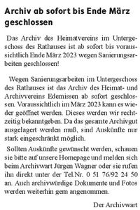 Mitteilungsblatt Edemissen 31.12.2022 Heimatverein Archiv bis Ende M&auml;rz geschlossen