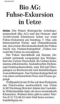PAZ 06.05.2023 Peine Edemissen Uetze - BIO-AG bietet Fuhse-Exkursion in Uetze an