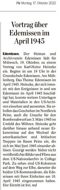 PN 17.10.2022 Braunschweiger Zeitung Edemissen Heimatverein Voetrag Kriegsende 1945-2x