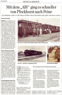 PN 29.09.2022 Braunschweiger Zeitung - Heimatverein Edemissen Er&ouml;ffnu-2 der Bahnstrecke Plockhorst - Peine vor 100 Jahrex