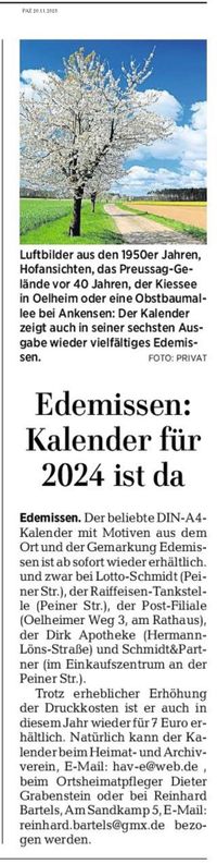 PAZ 20.11.2023 Edemissen - Heimatverein - Jahreskalender 2024 ab sofort erh&auml;ltlich-